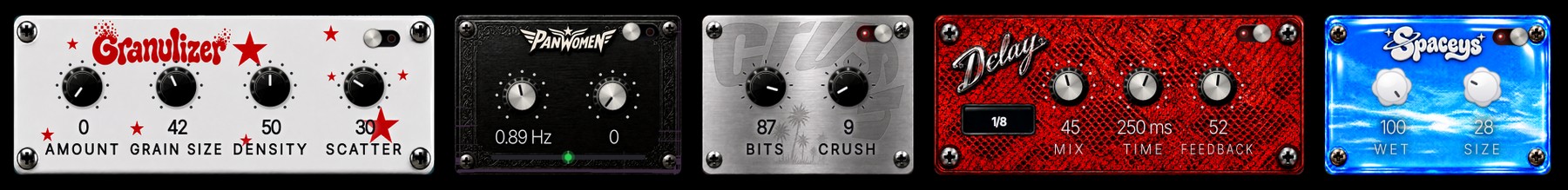 The 4seasons effect rack: granular, auto-pan, crush, delay and reverb, drawn as five pedals.