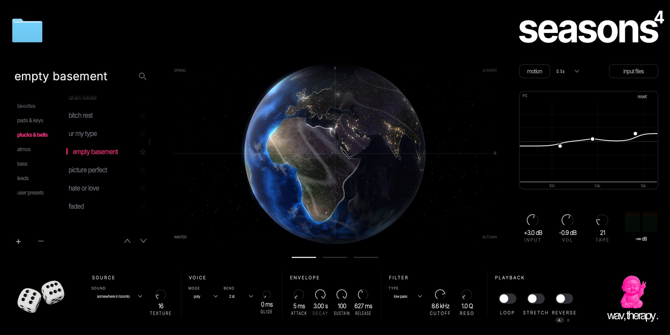 The 4seasons interface: preset browser on the left, the globe in the centre, EQ and master section on the right, and the sound row along the bottom.